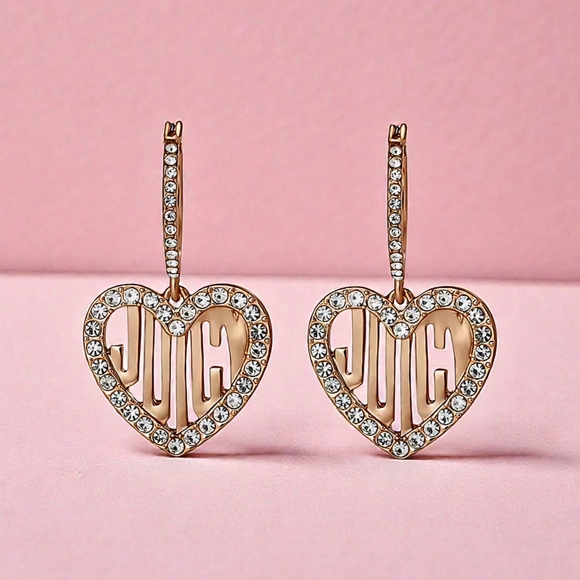 NEW Juicy Couture Rose Gold Crystal Heart Drop Earrings Length 1.80" NWT - Picture 2 of 4